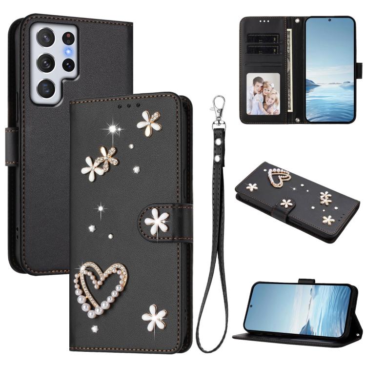 ZS01 Custodia per telefono a doppio strato in ecopelle vegana con motivo floreale a cuori e cinturino da polso, For Samsung Galaxy S22 Ultra 5G, For Samsung Galaxy S22+ 5G, For Samsung Galaxy S22 5G