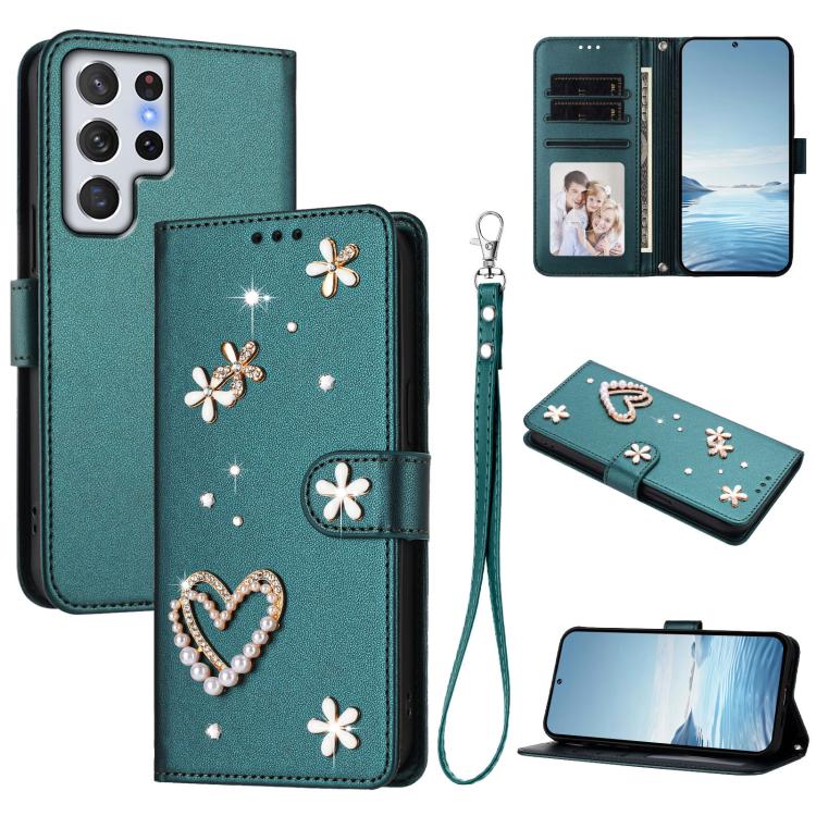 ZS01 Custodia per telefono a doppio strato in ecopelle vegana con motivo floreale a cuori e cinturino da polso, For Samsung Galaxy S22 Ultra 5G, For Samsung Galaxy S22+ 5G, For Samsung Galaxy S22 5G