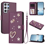 ZS01 Custodia per telefono a doppio strato in ecopelle vegana con motivo floreale a cuori e cinturino da polso, For Samsung Galaxy S22 Ultra 5G, For Samsung Galaxy S22+ 5G, For Samsung Galaxy S22 5G