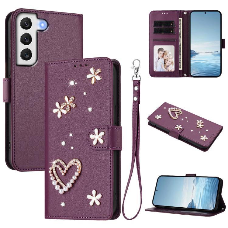 ZS01 Custodia per telefono a doppio strato in ecopelle vegana con motivo floreale a cuori e cinturino da polso, For Samsung Galaxy S22 Ultra 5G, For Samsung Galaxy S22+ 5G, For Samsung Galaxy S22 5G
