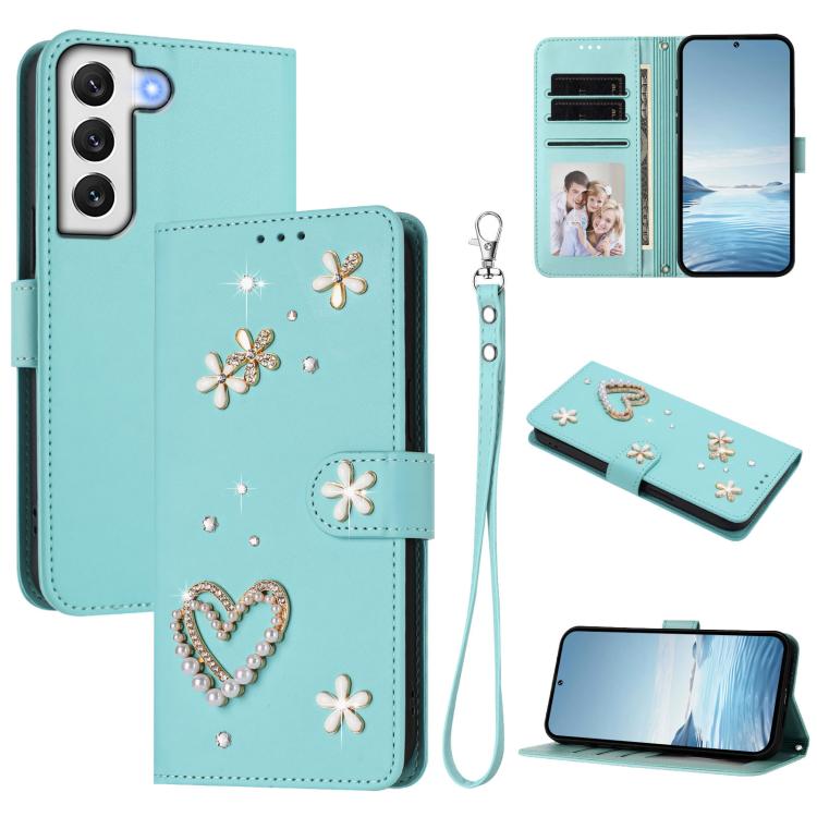 ZS01 Custodia per telefono a doppio strato in ecopelle vegana con motivo floreale a cuori e cinturino da polso, For Samsung Galaxy S22 Ultra 5G, For Samsung Galaxy S22+ 5G, For Samsung Galaxy S22 5G