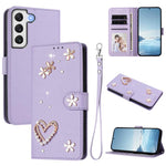 ZS01 Custodia per telefono a doppio strato in ecopelle vegana con motivo floreale a cuori e cinturino da polso, For Samsung Galaxy S22 Ultra 5G, For Samsung Galaxy S22+ 5G, For Samsung Galaxy S22 5G