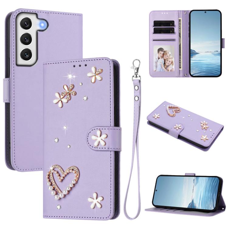 ZS01 Custodia per telefono a doppio strato in ecopelle vegana con motivo floreale a cuori e cinturino da polso, For Samsung Galaxy S22 Ultra 5G, For Samsung Galaxy S22+ 5G, For Samsung Galaxy S22 5G