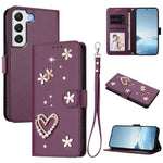 ZS01 Custodia per telefono a doppio strato in ecopelle vegana con motivo floreale a cuori e cinturino da polso, For Samsung Galaxy S22 Ultra 5G, For Samsung Galaxy S22+ 5G, For Samsung Galaxy S22 5G