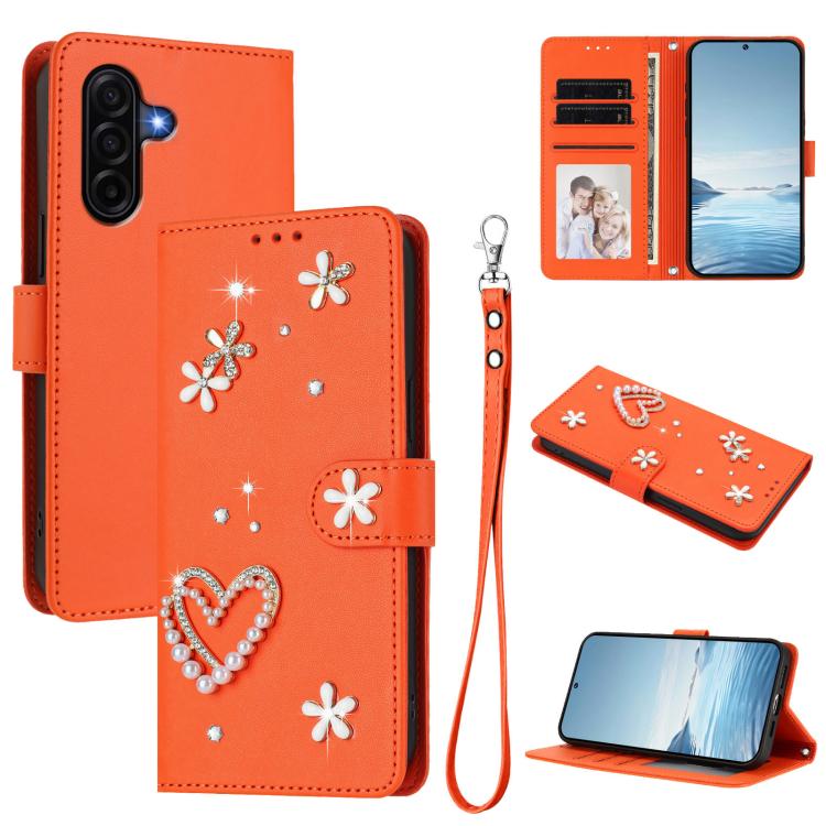 ZS01 Custodia per telefono a doppio strato in ecopelle vegana con motivo floreale a cuori e cinturino da polso, For Samsung Galaxy A57 5G, For Samsung Galaxy A37 5G, For Samsung Galaxy A25e / A25 5G JP