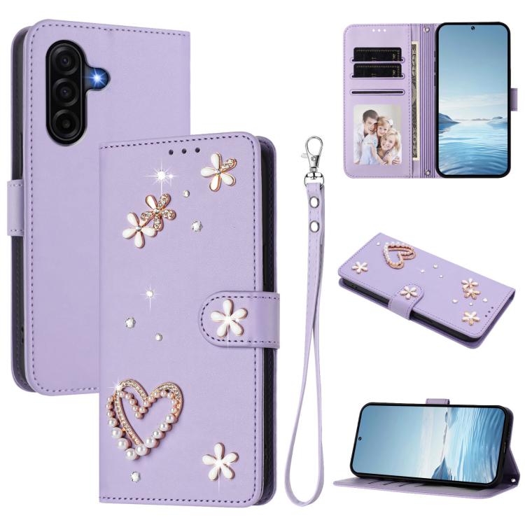 ZS01 Custodia per telefono a doppio strato in ecopelle vegana con motivo floreale a cuori e cinturino da polso, For Samsung Galaxy A57 5G, For Samsung Galaxy A37 5G, For Samsung Galaxy A25e / A25 5G JP
