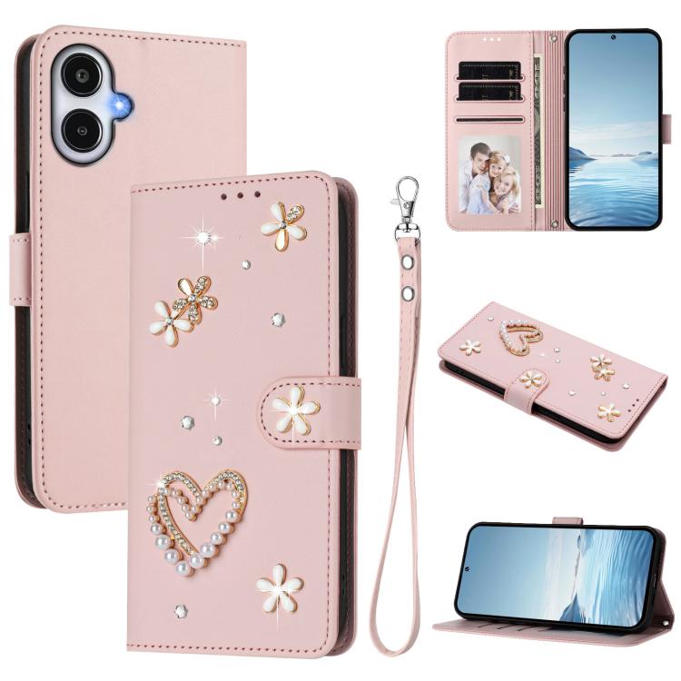 ZS01 Custodia per telefono a doppio strato in ecopelle vegana con motivo floreale a cuori e cinturino da polso, For Samsung Galaxy A57 5G, For Samsung Galaxy A37 5G, For Samsung Galaxy A25e / A25 5G JP