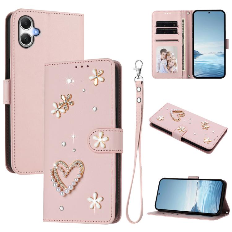 ZS01 Custodia per telefono a doppio strato in ecopelle vegana con motivo floreale a cuori e cinturino da polso, For Samsung Galaxy M36 5G, For Samsung Galaxy A07 4G / A06 5G, For Samsung Galaxy A17 / A26 5G