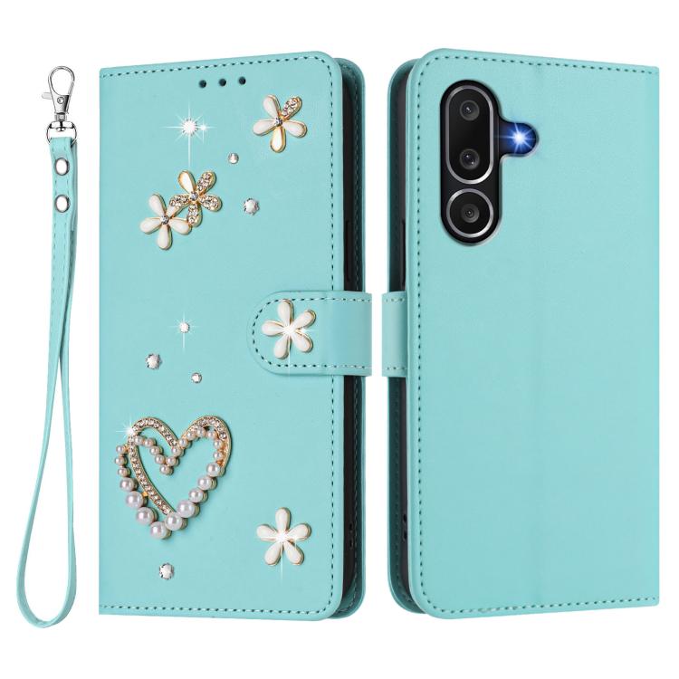 ZS01 Custodia per telefono a doppio strato in ecopelle vegana con motivo floreale a cuori e cinturino da polso, For Samsung Galaxy M56 5G, For Samsung Galaxy F16 5G / M16 5G, For Samsung Galaxy F06 5G / M06 5G