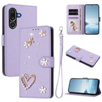 ZS01 Custodia per telefono a doppio strato in ecopelle vegana con motivo floreale a cuori e cinturino da polso, For Samsung Galaxy M56 5G, For Samsung Galaxy F16 5G / M16 5G, For Samsung Galaxy F06 5G / M06 5G