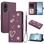 ZS01 Custodia per telefono a doppio strato in ecopelle vegana con motivo floreale a cuori e cinturino da polso, For Samsung Galaxy M56 5G, For Samsung Galaxy F16 5G / M16 5G, For Samsung Galaxy F06 5G / M06 5G