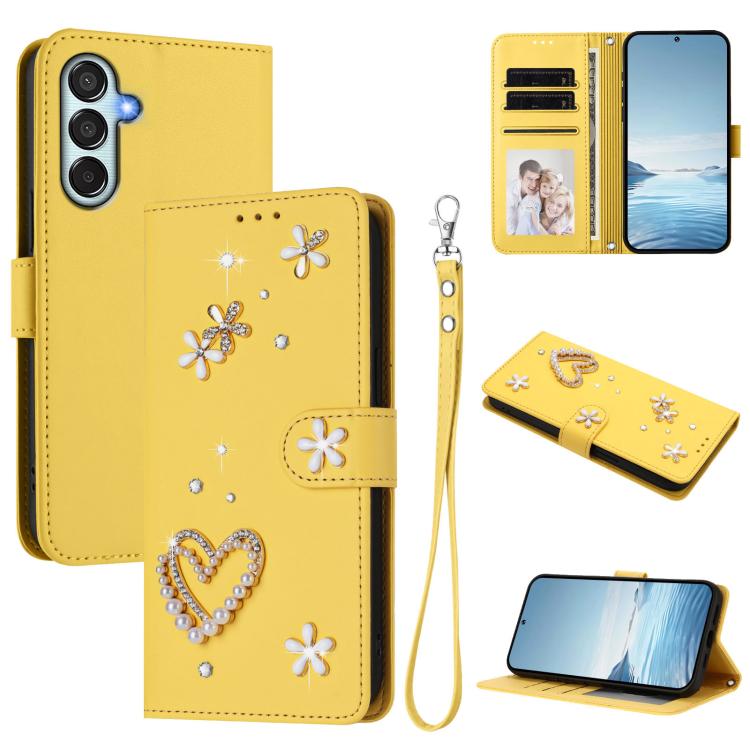 ZS01 Custodia per telefono a doppio strato in ecopelle vegana con motivo floreale a cuori e cinturino da polso, For Samsung Galaxy M35 5G, For Samsung Galaxy M55 5G / C55 5G, For Samsung Galaxy XCover7 Pro