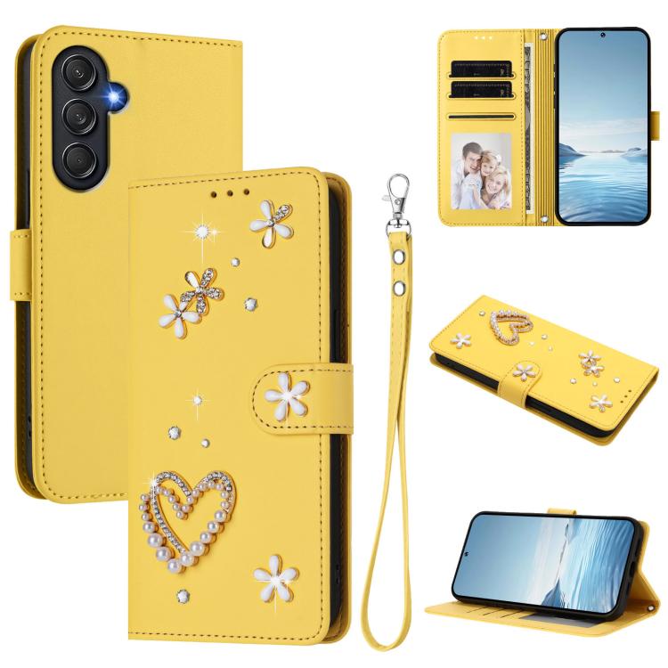 ZS01 Custodia per telefono a doppio strato in ecopelle vegana con motivo floreale a cuori e cinturino da polso, For Samsung Galaxy M35 5G, For Samsung Galaxy M55 5G / C55 5G, For Samsung Galaxy XCover7 Pro