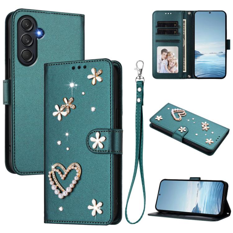 ZS01 Custodia per telefono a doppio strato in ecopelle vegana con motivo floreale a cuori e cinturino da polso, For Samsung Galaxy M35 5G, For Samsung Galaxy M55 5G / C55 5G, For Samsung Galaxy XCover7 Pro