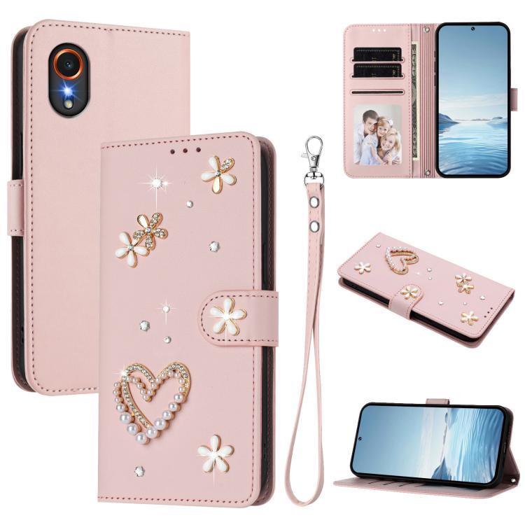 ZS01 Custodia per telefono a doppio strato in ecopelle vegana con motivo floreale a cuori e cinturino da polso, For Samsung Galaxy M15 5G / F15 5G, For Samsung Galaxy XCover7, For Samsung Galaxy A15 5G / 4G
