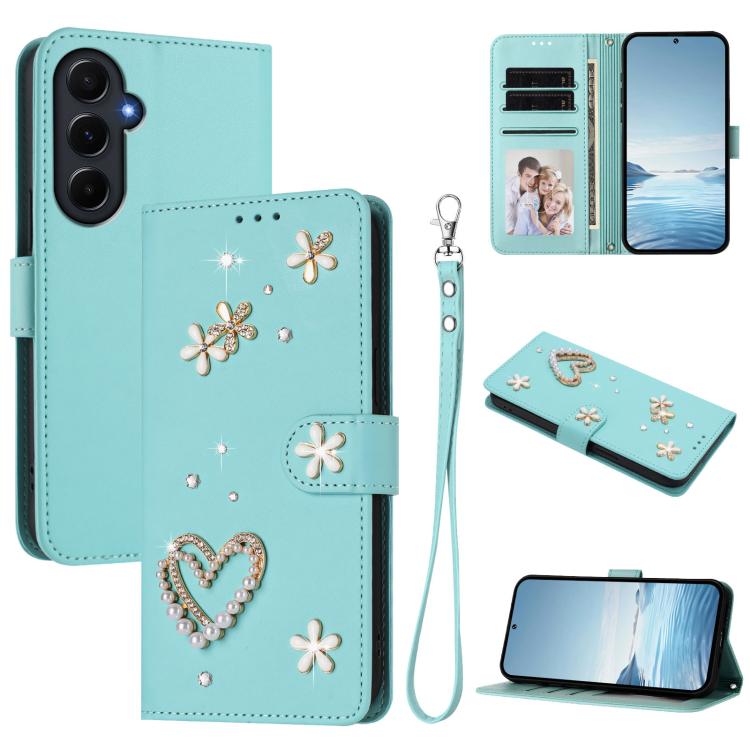 ZS01 Custodia per telefono a doppio strato in ecopelle vegana con motivo floreale a cuori e cinturino da polso, For Samsung Galaxy A55 5G, For Samsung Galaxy A35 5G, For Samsung Galaxy M34 5G / F34 5G