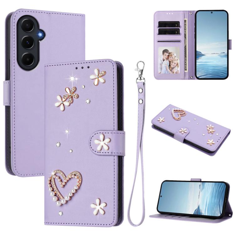 ZS01 Custodia per telefono a doppio strato in ecopelle vegana con motivo floreale a cuori e cinturino da polso, For Samsung Galaxy A55 5G, For Samsung Galaxy A35 5G, For Samsung Galaxy M34 5G / F34 5G