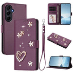 ZS01 Custodia per telefono a doppio strato in ecopelle vegana con motivo floreale a cuori e cinturino da polso, For Samsung Galaxy A55 5G, For Samsung Galaxy A35 5G, For Samsung Galaxy M34 5G / F34 5G