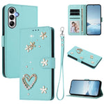 ZS01 Custodia per telefono a doppio strato in ecopelle vegana con motivo floreale a cuori e cinturino da polso, For Samsung Galaxy A54 5G
