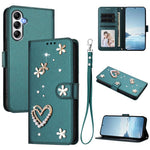 ZS01 Custodia per telefono a doppio strato in ecopelle vegana con motivo floreale a cuori e cinturino da polso, For Samsung Galaxy A54 5G