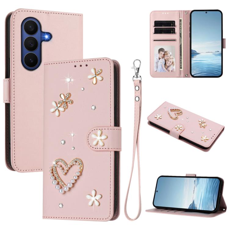 ZS01 Custodia per telefono a doppio strato in ecopelle vegana con motivo floreale a cuori e cinturino da polso, For Samsung Galaxy Z Fold7 5G
