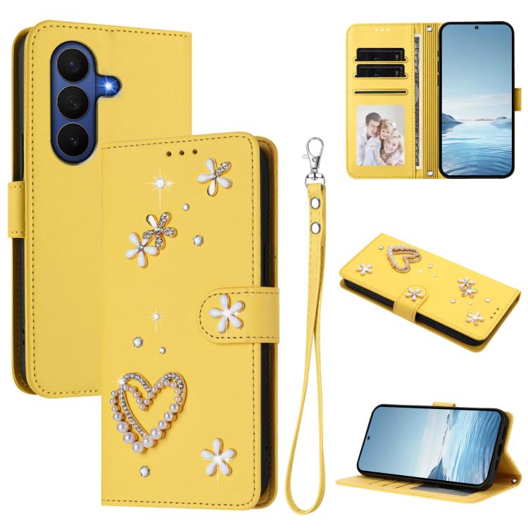 ZS01 Custodia per telefono a doppio strato in ecopelle vegana con motivo floreale a cuori e cinturino da polso, For Samsung Galaxy Z Fold7 5G