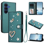 ZS01 Custodia per telefono a doppio strato in ecopelle vegana con motivo floreale a cuori e cinturino da polso, For Samsung Galaxy Z Fold7 5G