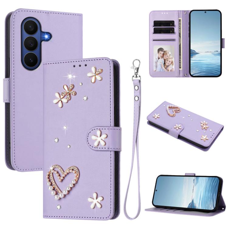 ZS01 Custodia per telefono a doppio strato in ecopelle vegana con motivo floreale a cuori e cinturino da polso, For Samsung Galaxy Z Fold7 5G