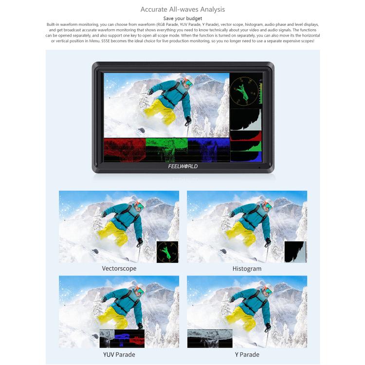 FEELWORLD S55E Monitor video da campo per fotocamera DSLR da 5,5 pollici, FHD IPS, supporto 4K, ingresso/uscita HDMI, braccio inclinabile, uscita di alimentazione