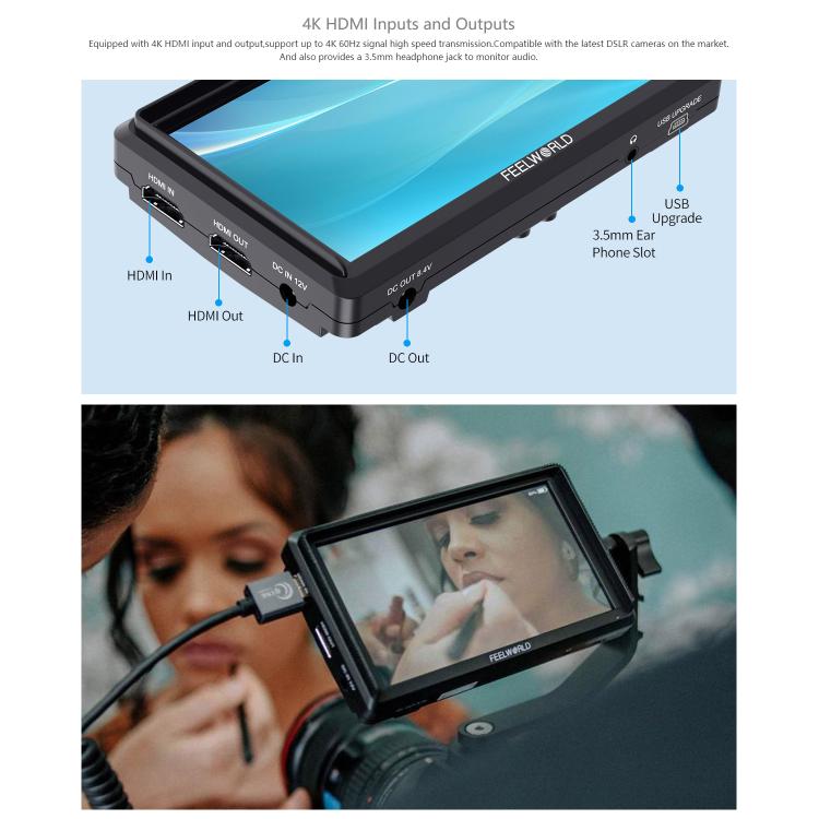 FEELWORLD S55E Monitor video da campo per fotocamera DSLR da 5,5 pollici, FHD IPS, supporto 4K, ingresso/uscita HDMI, braccio inclinabile, uscita di alimentazione
