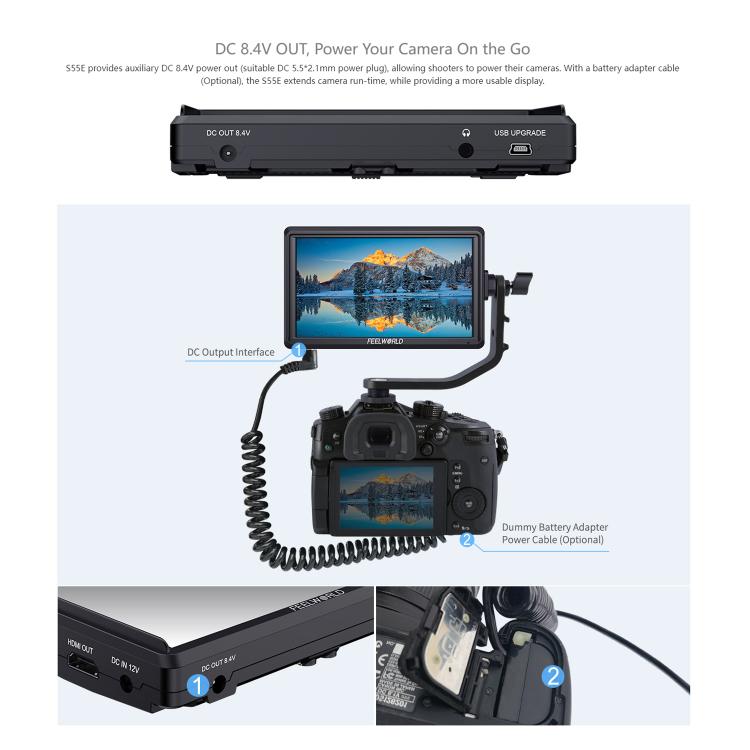 FEELWORLD S55E Monitor video da campo per fotocamera DSLR da 5,5 pollici, FHD IPS, supporto 4K, ingresso/uscita HDMI, braccio inclinabile, uscita di alimentazione