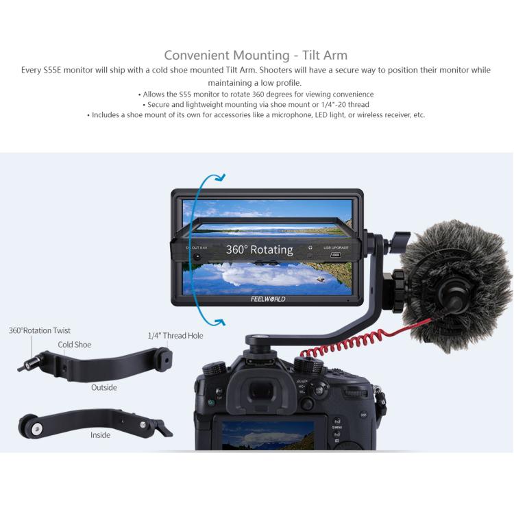 FEELWORLD S55E Monitor video da campo per fotocamera DSLR da 5,5 pollici, FHD IPS, supporto 4K, ingresso/uscita HDMI, braccio inclinabile, uscita di alimentazione