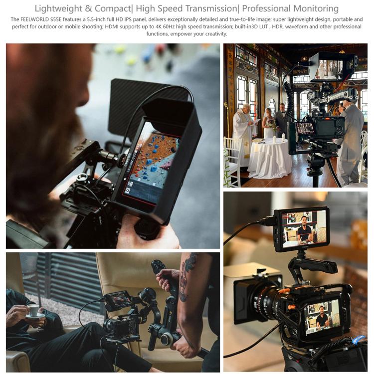 FEELWORLD S55E Monitor video da campo per fotocamera DSLR da 5,5 pollici, FHD IPS, supporto 4K, ingresso/uscita HDMI, braccio inclinabile, uscita di alimentazione