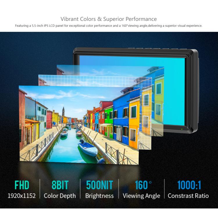 FEELWORLD S55E Monitor video da campo per fotocamera DSLR da 5,5 pollici, FHD IPS, supporto 4K, ingresso/uscita HDMI, braccio inclinabile, uscita di alimentazione
