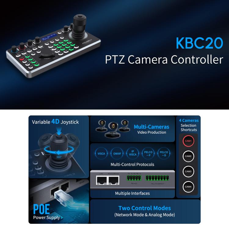 Controller per telecamera PTZ NDI FEELWORLD KBC20 con joystick e tastiera, compatibile con molteplici protocolli di controllo e PoE., EU Plug, US Plug, UK Plug, AU Plug