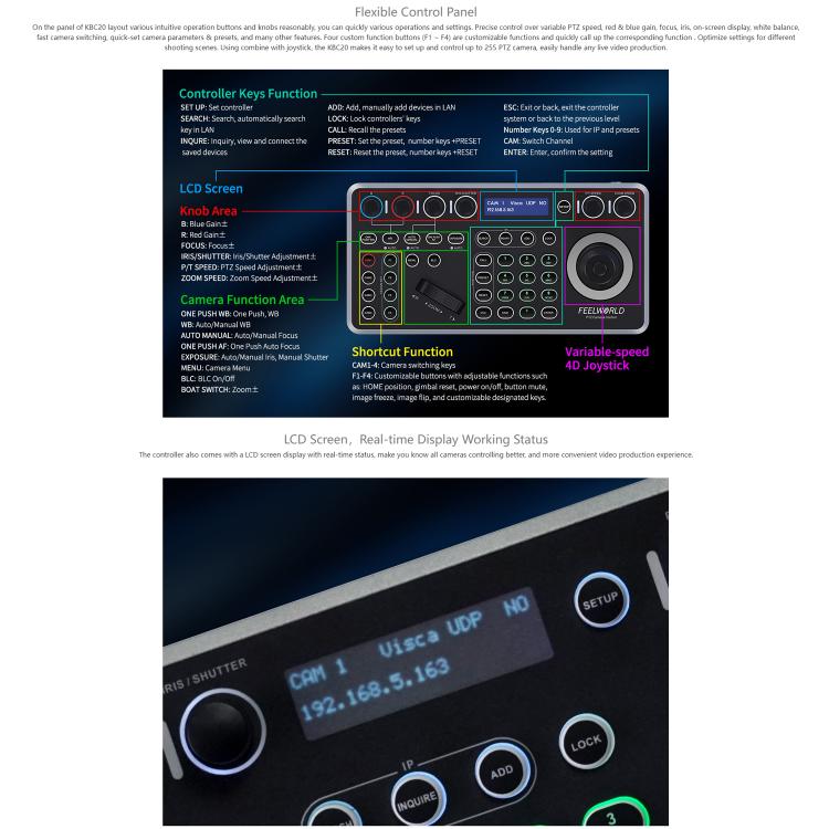 Controller per telecamera PTZ NDI FEELWORLD KBC20 con joystick e tastiera, compatibile con molteplici protocolli di controllo e PoE., EU Plug, US Plug, UK Plug, AU Plug