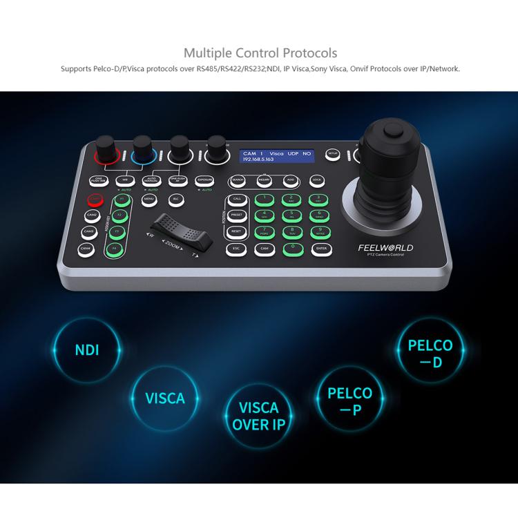 FEELWORLD KBC20N Controller per telecamera NDI PTZ con joystick e tastiera, compatibile con protocolli di controllo multipli e PoE., EU Plug, US Plug, UK Plug, AU Plug
