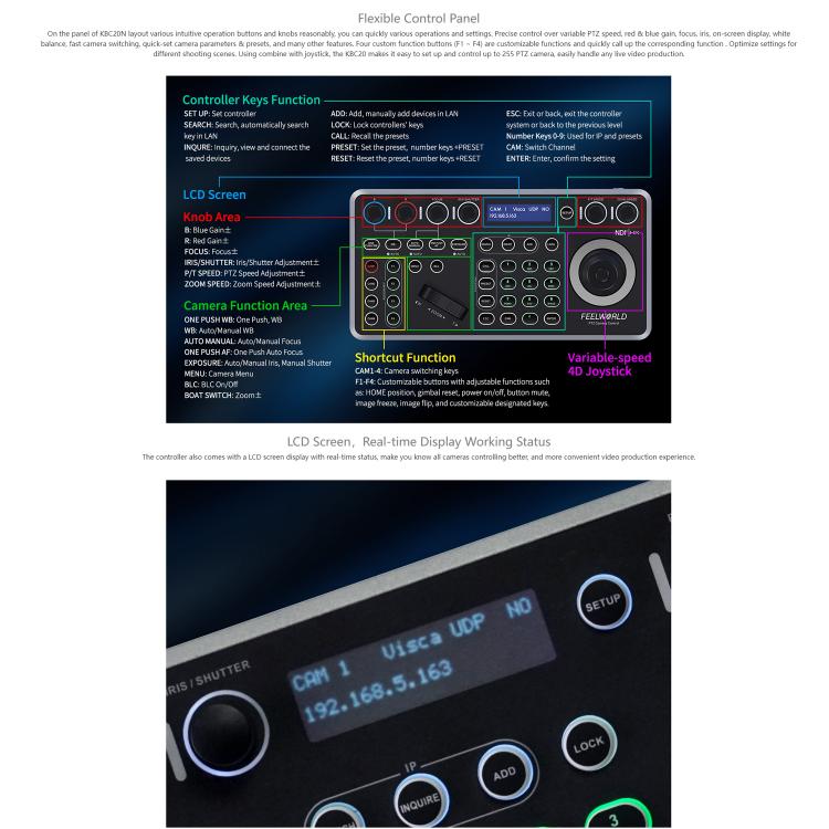 FEELWORLD KBC20N Controller per telecamera NDI PTZ con joystick e tastiera, compatibile con protocolli di controllo multipli e PoE., EU Plug, US Plug, UK Plug, AU Plug