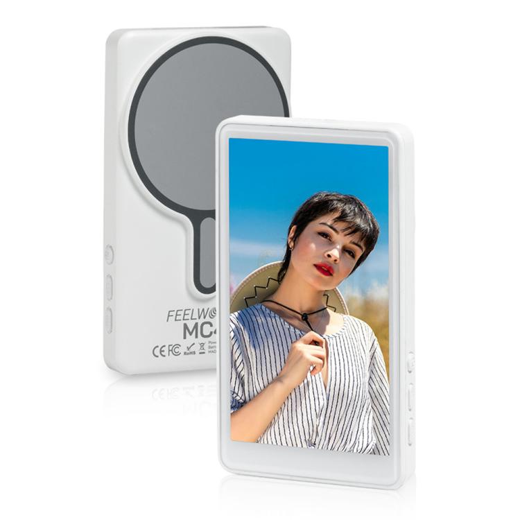 Monitor per selfie FEELWORLD MC4 per vlog e live streaming, con retro magnetico, connessione wireless e telecomando.