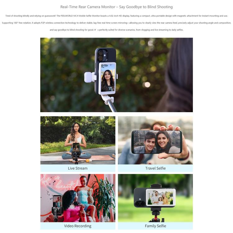 Monitor per selfie FEELWORLD MC4 per vlog e live streaming, con retro magnetico, connessione wireless e telecomando.