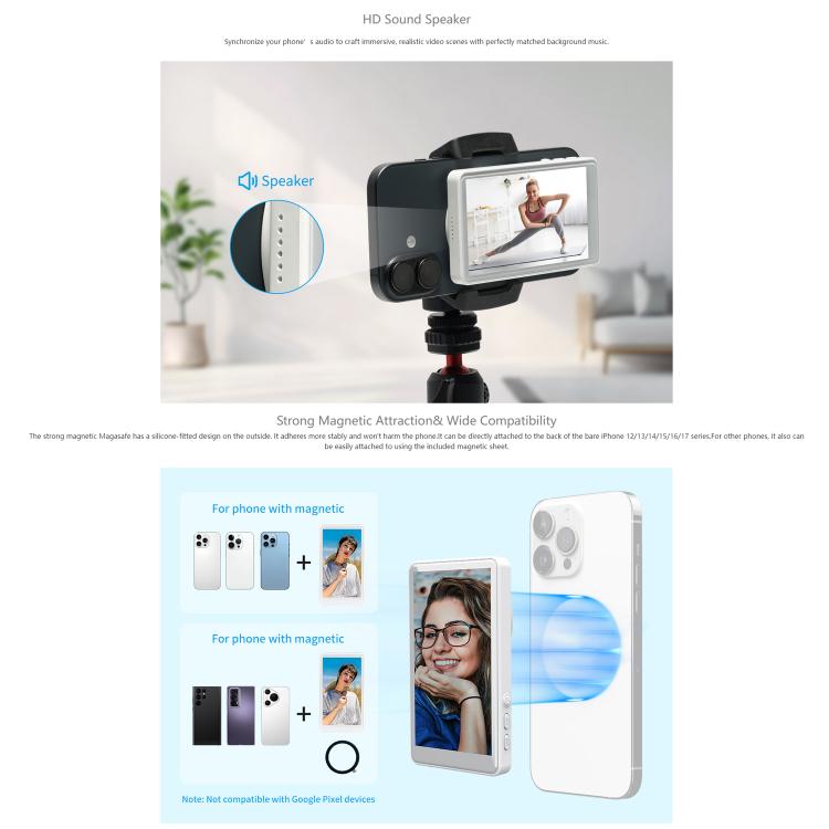 Monitor per selfie FEELWORLD MC4 per vlog e live streaming, con retro magnetico, connessione wireless e telecomando.