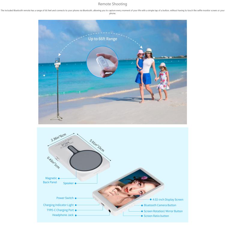 Monitor per selfie FEELWORLD MC4 per vlog e live streaming, con retro magnetico, connessione wireless e telecomando.