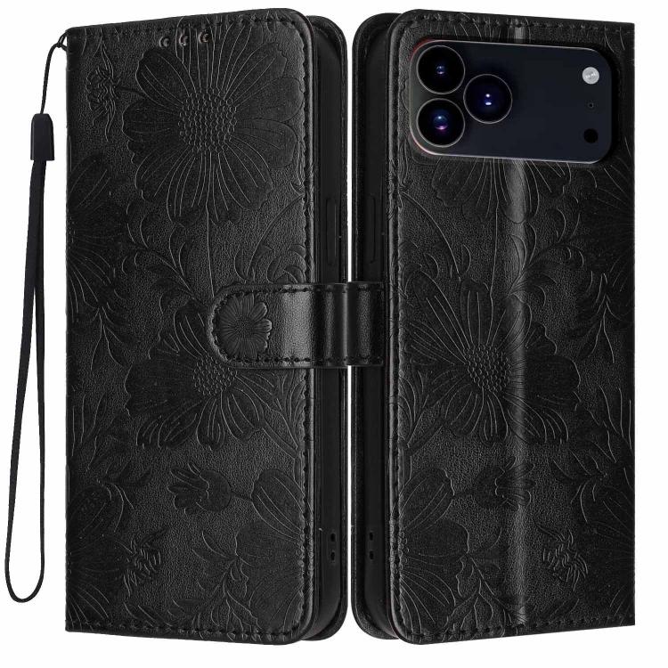 Custodia per telefono in pelle con stampa girasole in rilievo e cordino nero sottile., For iPhone Air, For iPhone 16 Pro Max, For iPhone 16 Pro, For iPhone 16 Plus