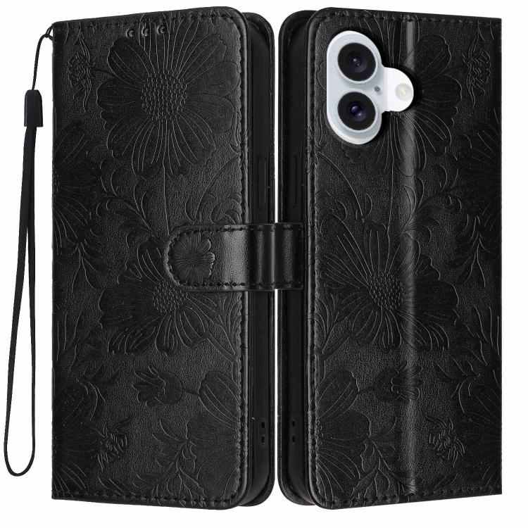 Custodia per telefono in pelle con stampa girasole in rilievo e cordino nero sottile., For iPhone Air, For iPhone 16 Pro Max, For iPhone 16 Pro, For iPhone 16 Plus