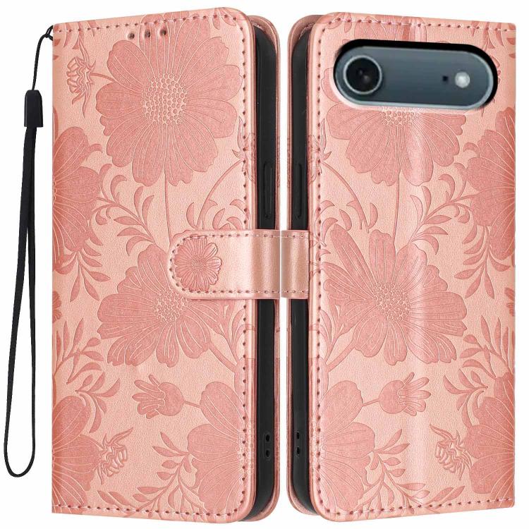 Custodia per telefono in pelle con stampa girasole in rilievo e cordino nero sottile., For iPhone Air, For iPhone 16 Pro Max, For iPhone 16 Pro, For iPhone 16 Plus