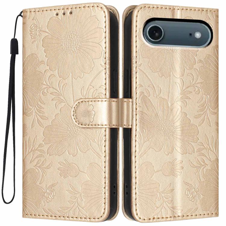 Custodia per telefono in pelle con stampa girasole in rilievo e cordino nero sottile., For iPhone Air, For iPhone 16 Pro Max, For iPhone 16 Pro, For iPhone 16 Plus