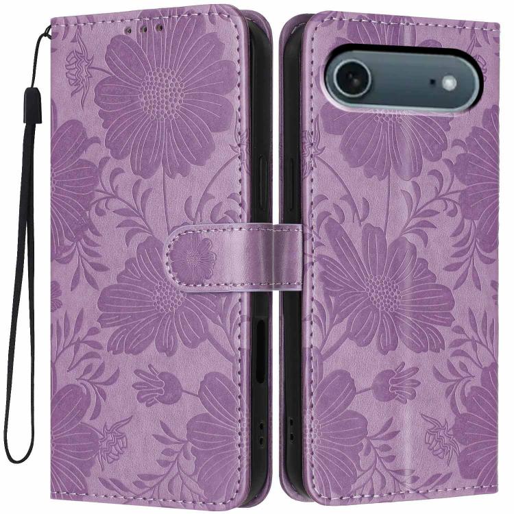 Custodia per telefono in pelle con stampa girasole in rilievo e cordino nero sottile., For iPhone Air, For iPhone 16 Pro Max, For iPhone 16 Pro, For iPhone 16 Plus