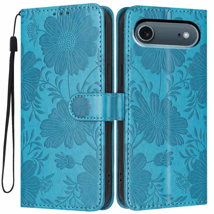Custodia per telefono in pelle con stampa girasole in rilievo e cordino nero sottile., For iPhone Air, For iPhone 16 Pro Max, For iPhone 16 Pro, For iPhone 16 Plus