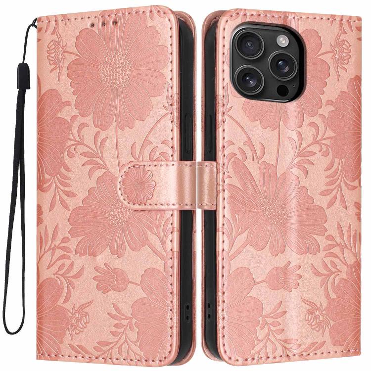 Custodia per telefono in pelle con stampa girasole in rilievo e cordino nero sottile., For iPhone Air, For iPhone 16 Pro Max, For iPhone 16 Pro, For iPhone 16 Plus