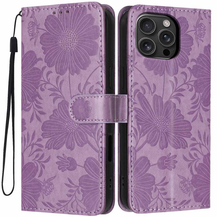 Custodia per telefono in pelle con stampa girasole in rilievo e cordino nero sottile., For iPhone Air, For iPhone 16 Pro Max, For iPhone 16 Pro, For iPhone 16 Plus